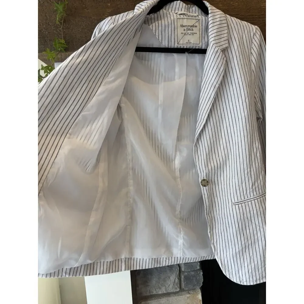 Abercrombie & Fitch Linen Blend Stripe Blazer S White Preppy Classic Career - Picture 5 of 11